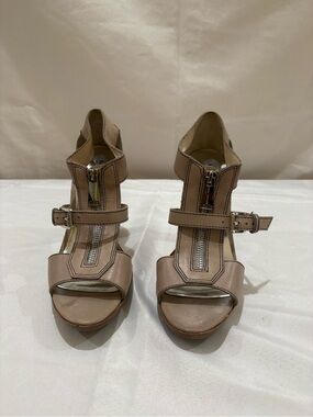 Michael Kors Tan Leather Peep-Toe Heels with Front Zipper 9M